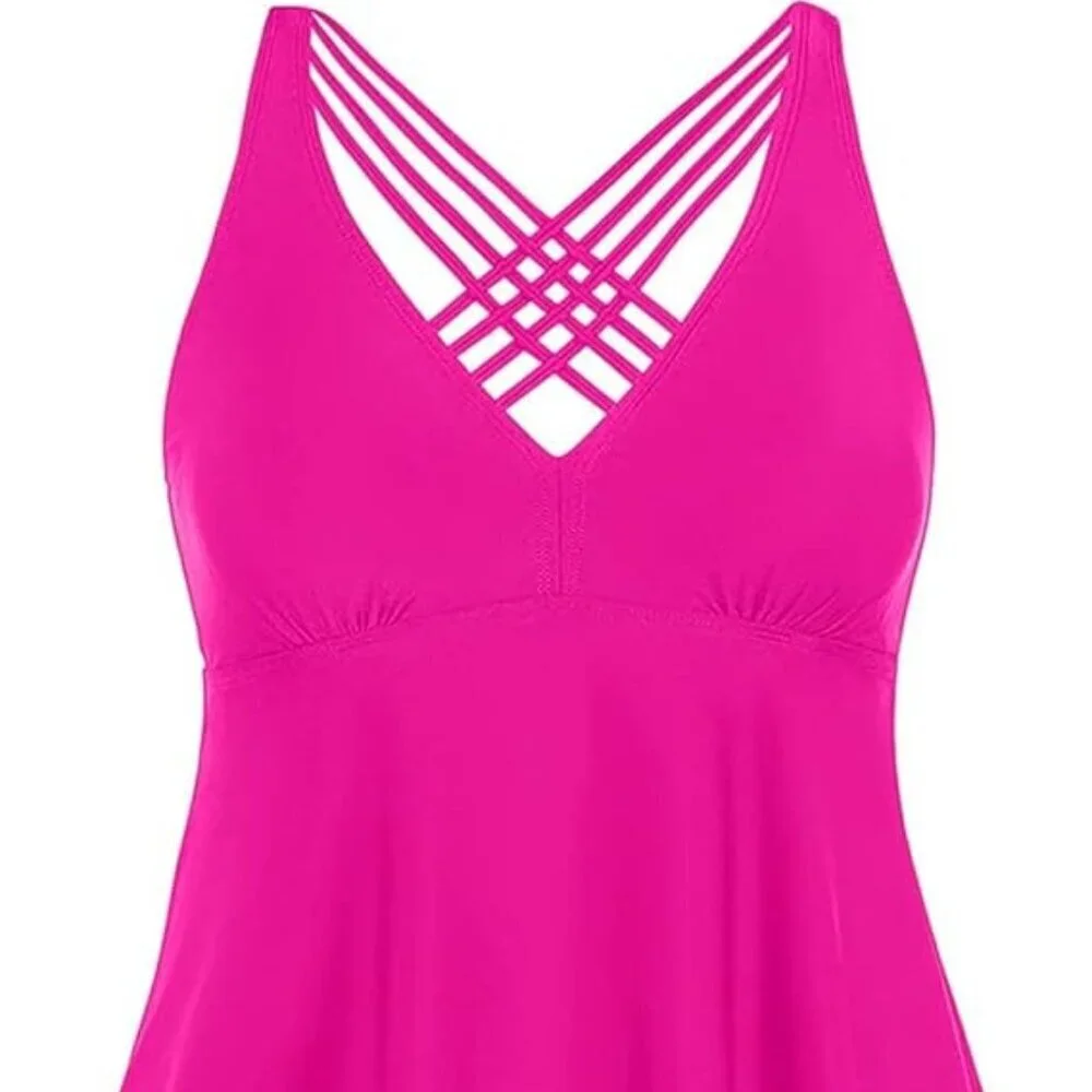 AQUA EVE HOT PINK TANKINI TOP - Crosscross Back Swim Top - PLUS SIZE - 14W NWT